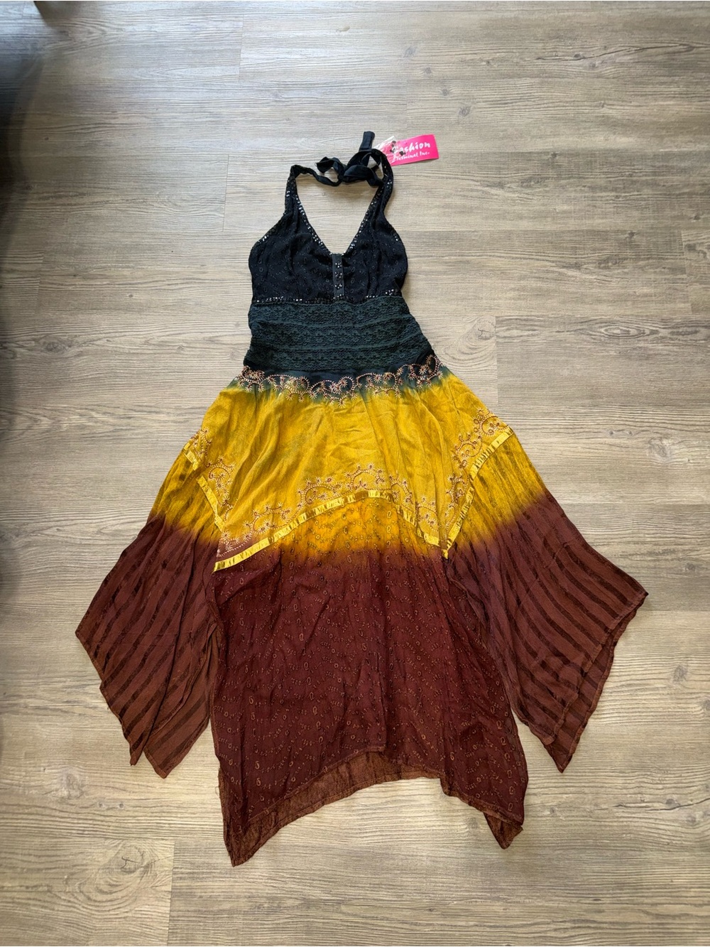 NWT Y2K Fashion Terminal Free Size Boho Halter Dress in Black, Yellow & Brown